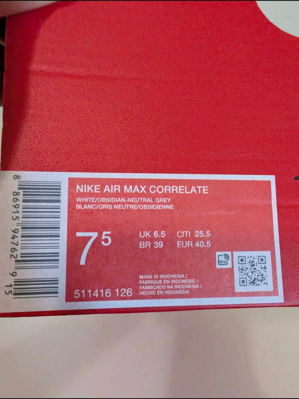 Nike Men’s Air Max Correlate White/Blue/Grey Size 7.5 BOX No Lid